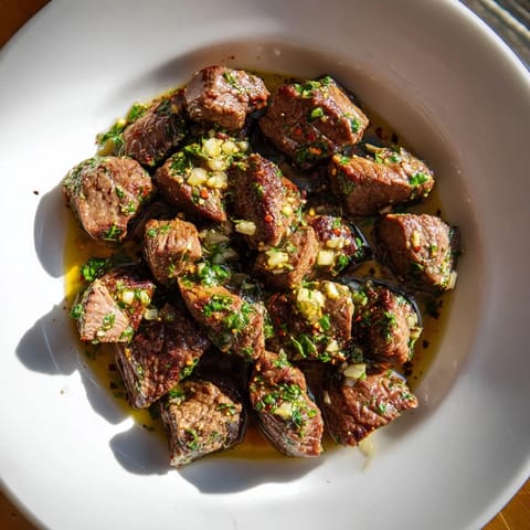 Sizzling skillet of Garlic Butter Steak Bites, showcasing the rich, buttery sauce, ready to serve.