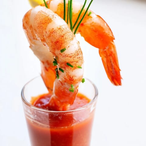 Enjoy flavorful Retro Prawn Cocktail Shooters: sweet shrimp in a zesty, easy-to-make cocktail sauce.