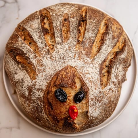 A beautifully baked turkey-shaped sourdough bread, ideal as a showstopping centerpiece for a festive meal.