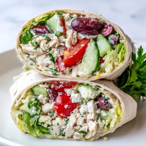 Freshly assembled Greek Lemon Chicken Salad Wrap, with crisp cucumbers and Kalamata olives nestled in a warm flour tortilla.  