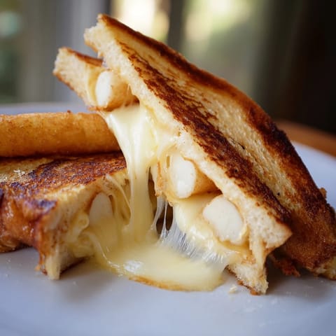 Freshly grilled Mozzarella Stick Grilled Cheese with crispy bread and gooey mozzarella sticks inside.