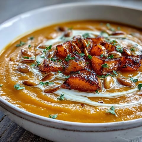 A steaming bowl of velvety Roasted Butternut Squash Soup beside golden roasted vegetables on a baking sheet.