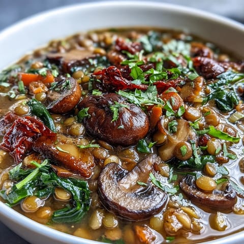 Steaming bowl of Double Lentil and Mushroom Barley Soup garnished with fresh parsley.