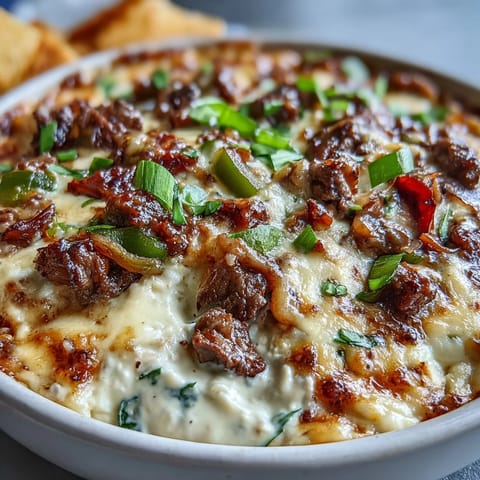 Golden, bubbly Philly Cheesesteak Dip in a baking dish, ready to serve with toasted baguette slices. 