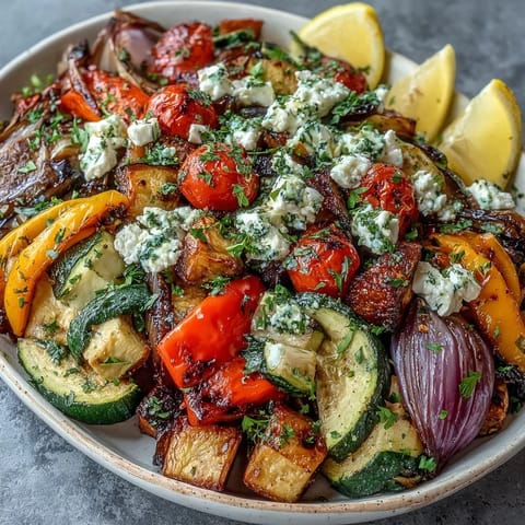 Oven-roasted Mediterranean Greek vegetables with caramelized eggplant, zucchini, and peppers, topped with crumbled feta and fresh parsley.