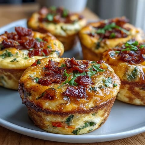 Freshly baked Breakfast Egg Muffins with melted cheese and crispy bacon bits, perfect for a savory handheld breakfast.