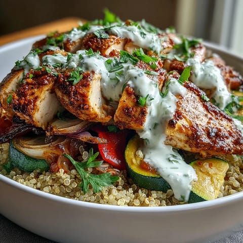 Colorful paprika herb chicken roasted vegetable quinoa bowl with harissa drizzle