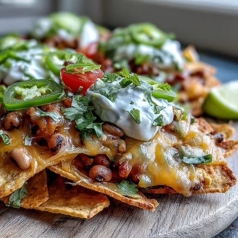 Bubbling hot Black-Eyed Pea Nachos garnished with fresh cilantro and diced tomatoes, served with lime wedges on the side.