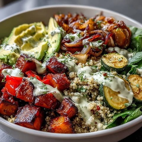 Top-down view of a vibrant Black-Eyed Pea Buddha Bowl featuring warm roasted veggies, fresh spinach, and colorful garnishes. 