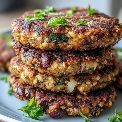 Crisp, pan-fried Black-Eyed Pea Burger Patties showing a hearty, spiced interior on a rustic plate.