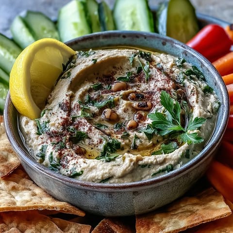 A bowl of creamy Black-Eyed Pea Hummus, garnished with olive oil, smoked paprika, and fresh parsley, served with pita bread.