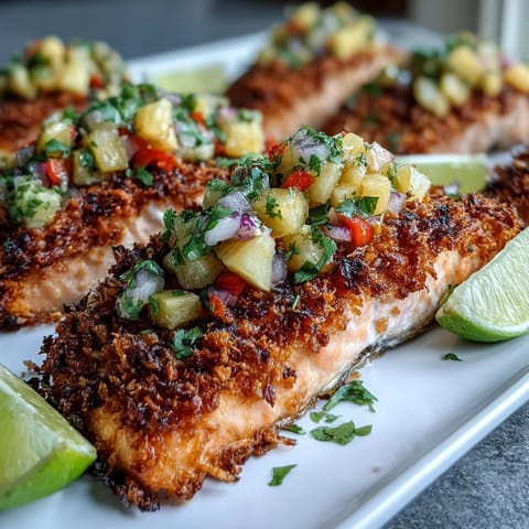 Perfectly seared coconut crusted salmon served with vibrant pineapple salsa and a lime wedge for a tropical dinner.