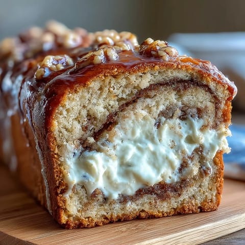 Cream Cheese Cinnamon Swirl Protein Loaf slices reveal moist banana bread texture and golden swirls, plated with fresh fruit.