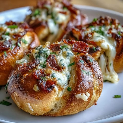 Golden-baked Pizza Roll Stuffed Garlic Knots with melted mozzarella and pepperoni peeking out, brushed with herby garlic butter.