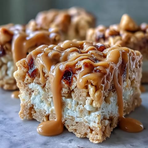 These homemade High-Protein PB&J Rice Krispie Bars are stacked on a plate, perfect for a post-workout snack or sweet treat.