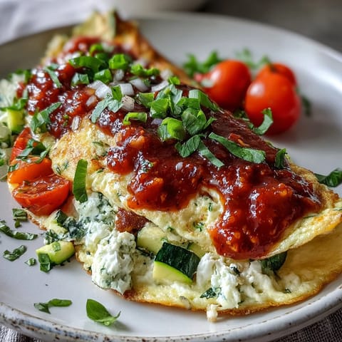 Bright red bell peppers and fresh spinach in a fluffy egg white omelette topped with chunky salsa.