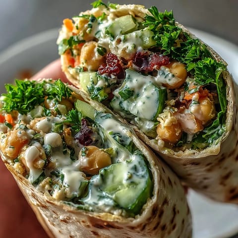 A close-up of a Vegan Lemon Tahini Chickpea Wrap halved, revealing creamy tahini dressing and vibrant spinach and carrots.