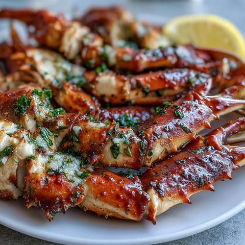 Freshly baked Keto Garlic Butter Crab Legs dripping with garlicky butter on a platter with lemon wedges. 