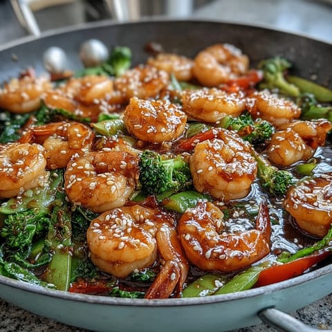 Vibrant 20-Minute Shrimp and Veggie Stir-Fry over cauliflower rice, with colorful bell peppers and crisp snap peas.  