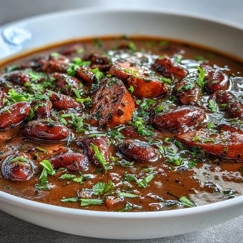 Warm bowl of Ham and Red Bean Soup garnished with green onions and parsley.  
