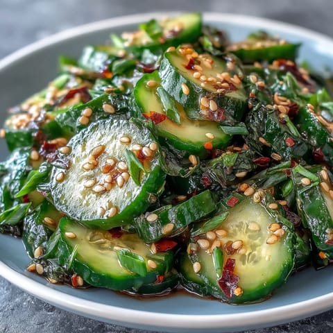 Crisp cucumber salad tossed in tangy soy-sesame dressing, topped with toasted sesame seeds and fresh cilantro for a refreshing vegan side dish.