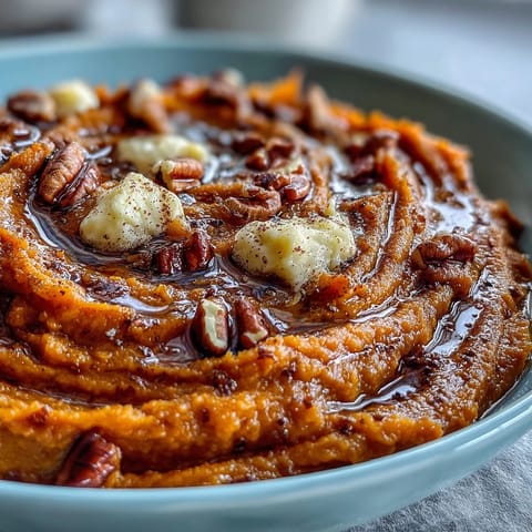 Warm bowl of candied yams mashed with butter and cinnamon, garnished with chopped pecans for a holiday side dish.  