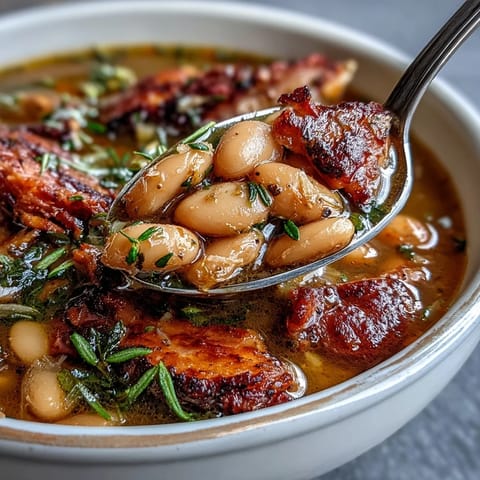 A steaming bowl of ham bone bean soup with smoky paprika, featuring tender beans, savory ham, and vibrant vegetables in a rich broth.