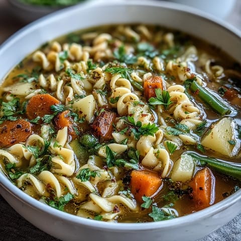 A steaming bowl of simple vegetable noodle soup with colorful carrots, celery, and tender egg noodles in savory broth.