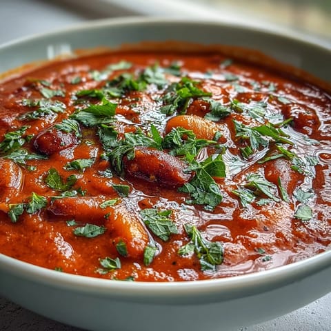 A vibrant bowl of roasted red pepper and white bean soup with fresh parsley garnish.  