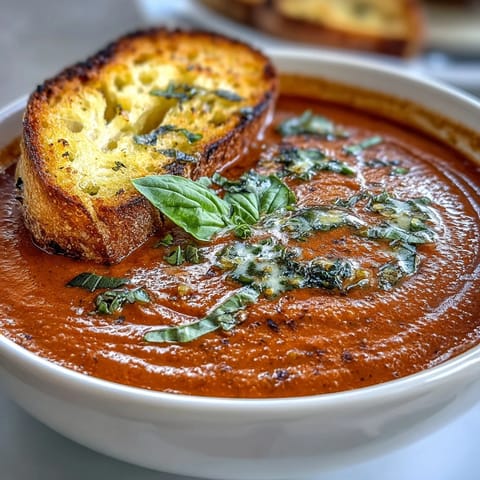 A steaming bowl of creamy tomato basil soup with fresh basil garnish and crispy sourdough dippers for dipping.  