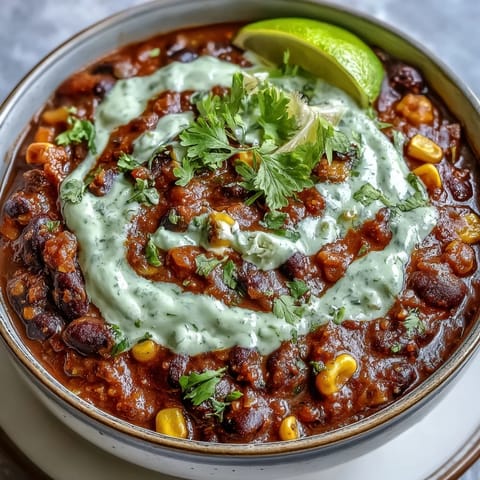 Hearty vegetarian black bean and corn chili topped with tangy lime crema, served in a rustic bowl with fresh cilantro garnish.  