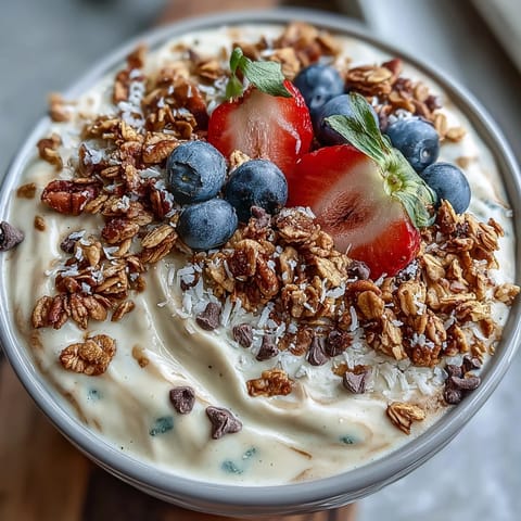 Creamy vanilla bean frappuccino smoothie bowl with crunchy granola and fresh berries, a refreshing coffee-infused breakfast or snack.