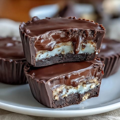 Creamy peanut butter cups with a tangy Greek yogurt filling, topped with rich dark chocolate for a protein-packed treat.  