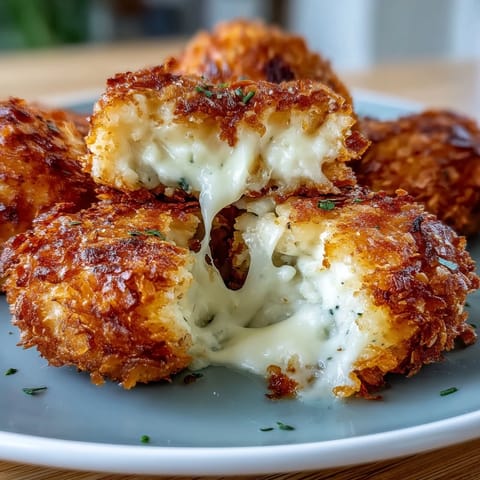 Crispy funeral potatoes croquettes in the air fryer, golden brown with melted cheddar and crunchy cornflake coating.