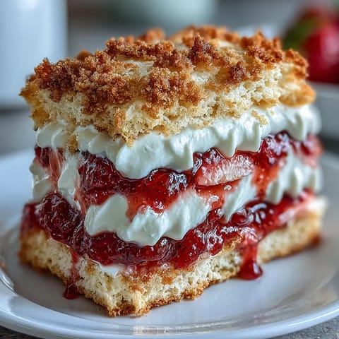 Classic strawberry shortcake with biscuit layers showcases golden-brown, flaky biscuits layered with juicy, macerated strawberries and airy whipped cream.