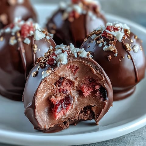 Luxurious Dubai Chocolate Strawberry Truffles adorned with edible gold flakes, featuring a rich dark chocolate ganache center infused with strawberry flavor.