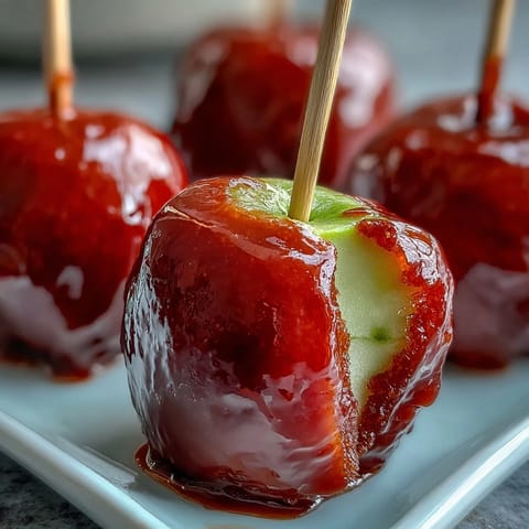Bite-sized apples coated in crunchy, vibrant candy, skewered for easy snacking and party platters.  
