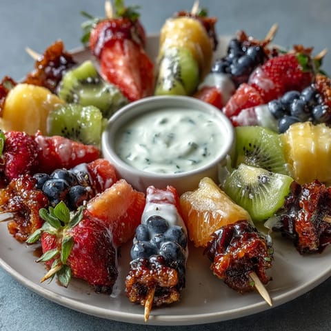 St. Patrick's Day Rainbow Fruit Kabobs with Yogurt Dip, featuring colorful fruit skewers arranged in vibrant rainbow order and served with creamy honey-lime yogurt dip.  