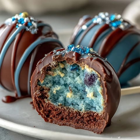 Pisces-themed galaxy cake pops with edible glitter, featuring dreamy swirls of blue, purple, and teal chocolate coating and shimmering edible glitter.