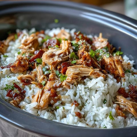 Crockpot Mississippi Chicken Rice Bowls with tender shredded chicken and zesty pepperoncini over fluffy rice.  