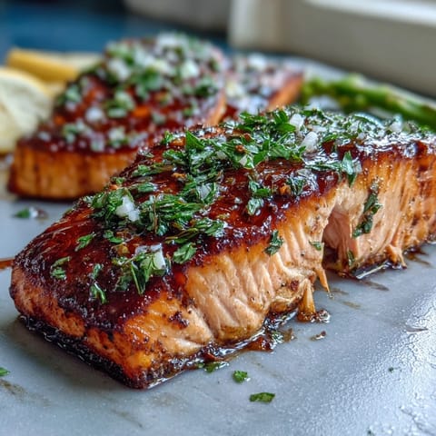Herb-roasted salmon fillets with fresh dill, parsley, and chives, served alongside vibrant green asparagus spears. A perfect spring dinner for four.  