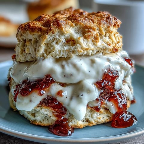 Warm golden scones split open and layered with rich clotted cream and vibrant strawberry jam for spring tea.  