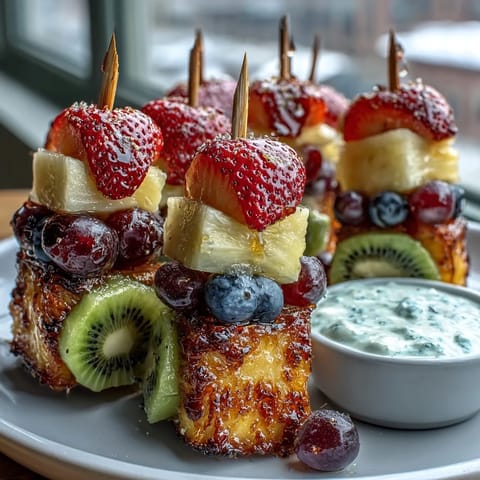 A vibrant bento box lunch with fruit skewers, creamy vanilla yogurt dip, and kid-friendly sandwich shapes for a fun meal.  