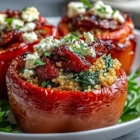 Colorful stuffed bell peppers filled with quinoa, fresh herbs, and vegetables, baked until tender and fragrant for a wholesome dinner.