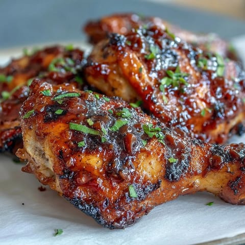 Juicy bone-in chicken thighs marinated in honey garlic sauce, grilled to perfection with a caramelized, glossy finish.