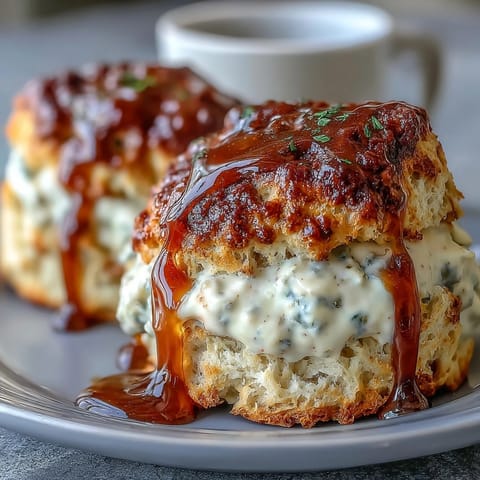 Golden scones infused with floral dandelion honey, served warm with a generous dollop of clotted cream—perfect for a spring afternoon tea.