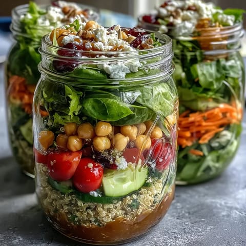 Fresh, crisp mason jar salads filled with spinach, cucumbers, chickpeas, and feta, perfect for a nutritious week of lunches.