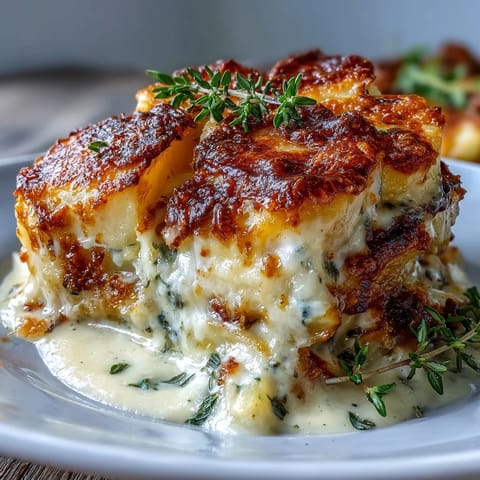 Elegant French-style scalloped potatoes, featuring rich Gruyere cheese and nutmeg-scented cream, baked until bubbling and golden brown.  