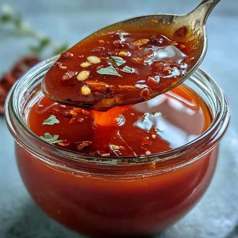 Fiery fermented hot sauce with chili peppers, garlic, and carrot, perfect for drizzling on spicy dishes.  