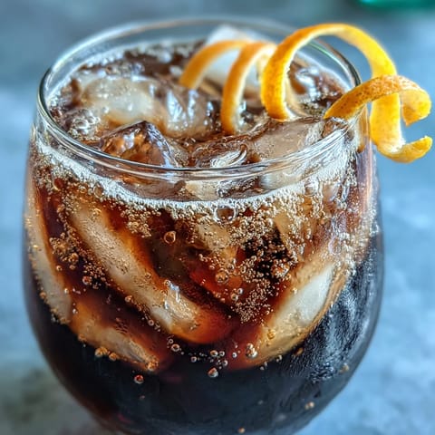 Vibrant cold brew coffee tonic with orange zest, served over ice.